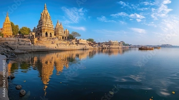 Fototapeta A beautiful, panoramic view of Dwarkadhish Templea??s towering spires, reflecting in the calm waters of the holy river