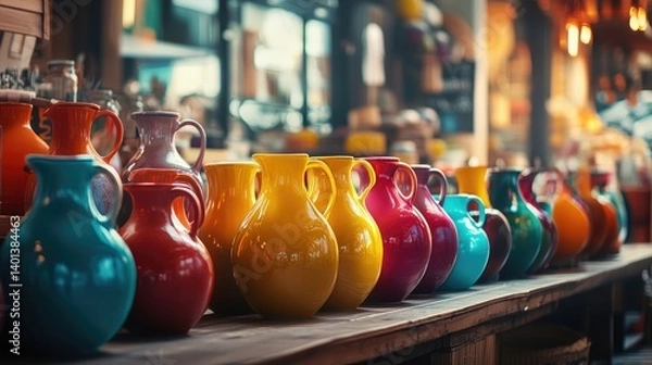 Obraz . A vibrant market scene with colorful jugs displayed, capturing a lively atmosphere