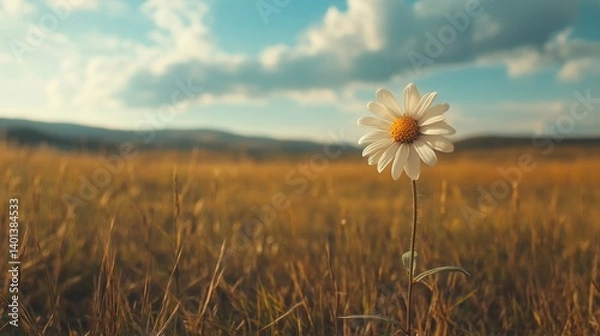 Fototapeta . A single flower blooming in a vast field, emphasizing isolation