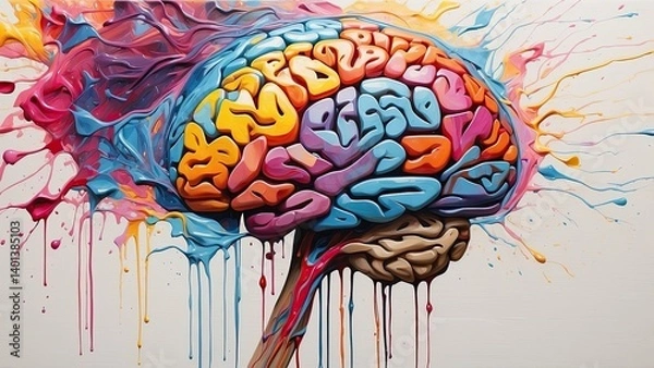 Fototapeta A colorful, abstract illustration of a human brain against a dark blue background