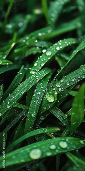 Fototapeta macro closeup photo of natural grass leaves with water drops 