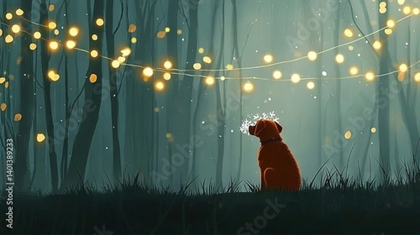 Fototapeta   A dog gazes at a string of lights in the sky and another in the woods