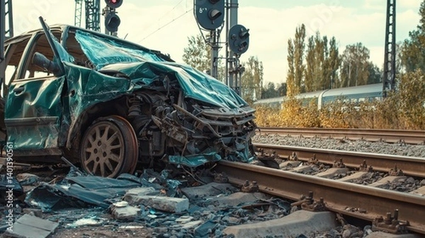 Obraz A wrecked car lies near railway tracks, showcasing the aftermath of a collision, with damaged metal and debris scattered around.