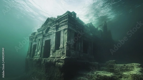 Fototapeta A sunken city beneath the homelandâ€™s lake, said to rise once every century, glowing beneath the water, --ar 16:9 --v 6.1 Job ID: e28fe7be-eaaa-4ba4-824b-e01f5a6a4181