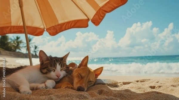 Obraz A cat and a dog peacefully nap together under a beach umbrella, with gentle waves and a sunny sky in the background.