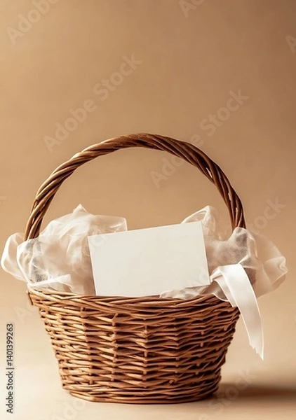 Fototapeta Elegant gift basket with empty card and ribbon, wrapped in cellophane against beige background