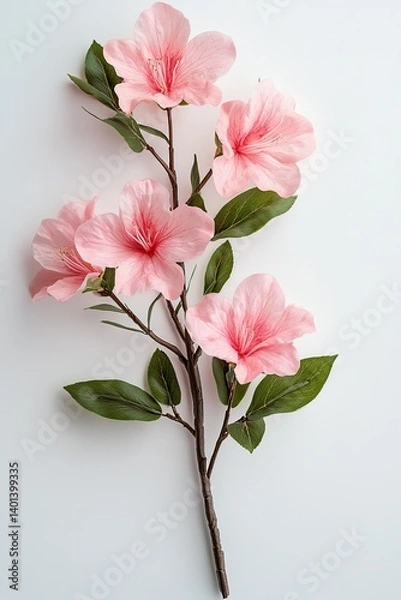 Fototapeta Azalea flowers with leaves, pink flowers isolated on white background.