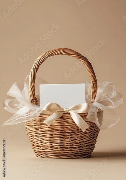 Fototapeta Elegant gift basket with empty card and ribbon, wrapped in cellophane against beige background