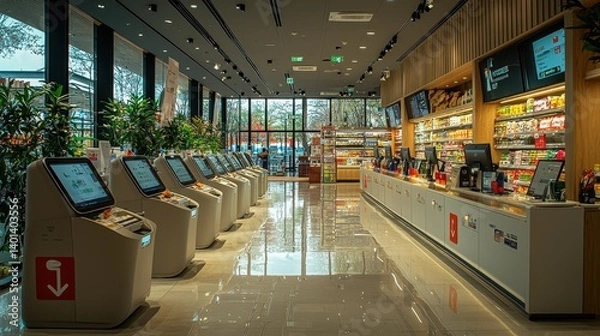 Fototapeta A modern store interior featuring automated kiosks and a well-organized checkout area with bright lighting and greenery.