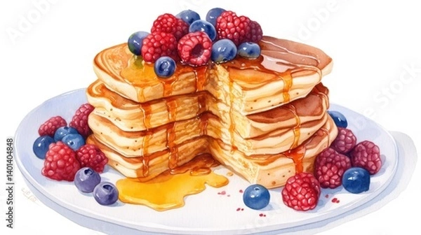 Obraz A mouthwatering stack of pancakes topped with fresh raspberries and blueberries, drizzled with syrup—perfect for breakfast or dessert.