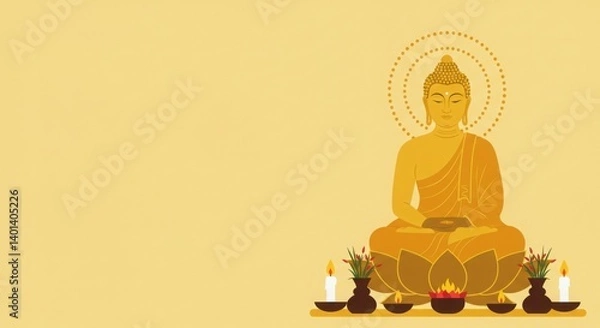 Fototapeta Buddha statue with candles and offerings on yellow background