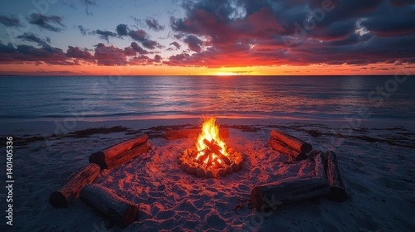 Fototapeta A serene beach scene featuring a campfire with logs arranged in a circle. The vibrant sunset creates a beautiful backdrop over the calm ocean waters.