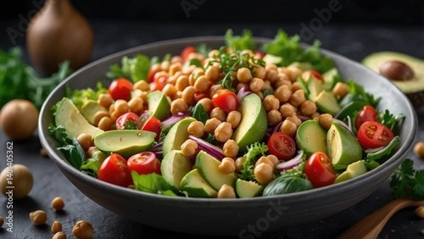 Fototapeta A person holds a large glass bowl filled with a colorful salad