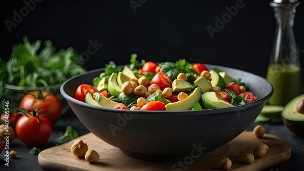 Fototapeta A person holds a large glass bowl filled with a colorful salad