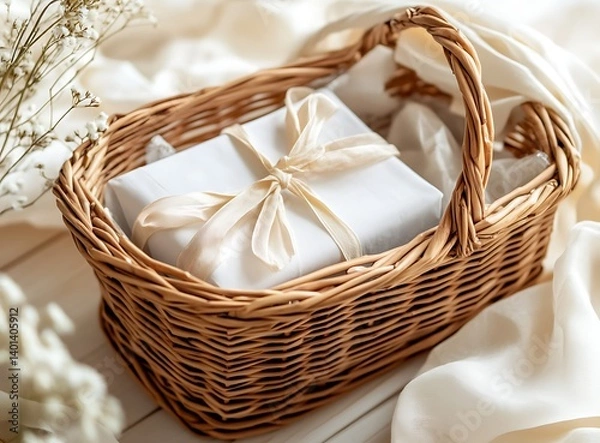Fototapeta Elegant gift basket with wrapped gifts inside, isolated on a beige background