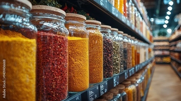 Fototapeta An array of colorful spice jars lined up on shelves in a market, showcasing vibrant hues of spices. Perfect for culinary enthusiasts and food lovers.