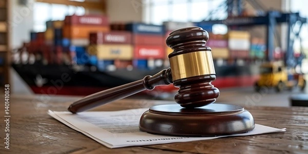 Fototapeta Wooden gavel with gold band resting on paper, trade law symbolism, shipping containers blurred, legal authority focus

