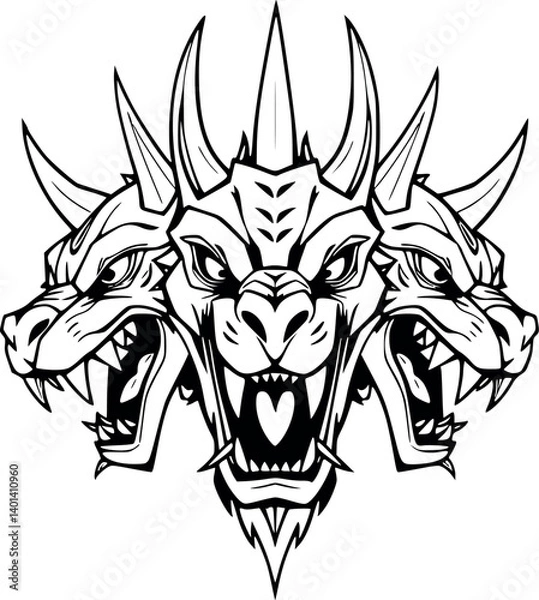 Fototapeta Outline Cerberus vector illustration. Mythical three-headed dog in detailed monochrome line art.