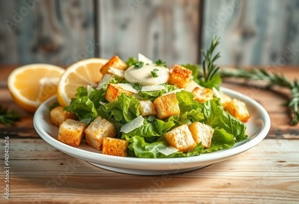 Fototapeta A delicious Caesar Salad on a rustic wooden background