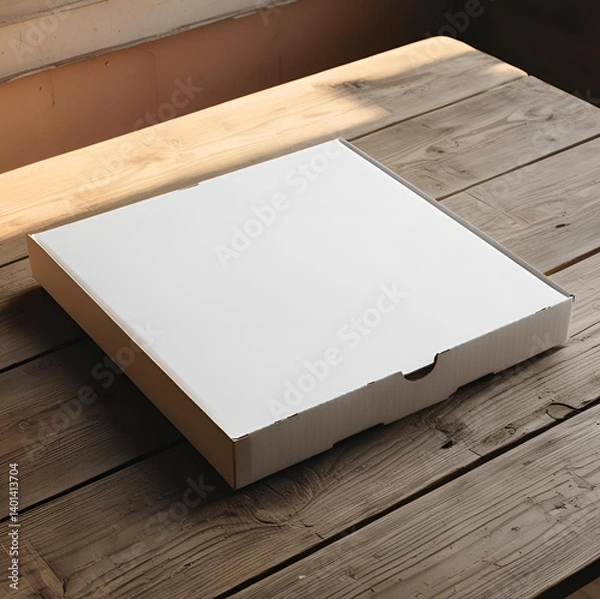 Fototapeta White blank pizza box isolated on table for mock up.