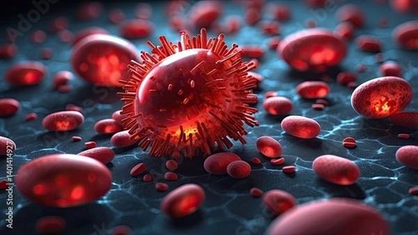 Fototapeta A 3D illustration depicting a large, translucent capsule filled with colorful pills, set against a blurred backdrop of microscopic virus particles and cells
