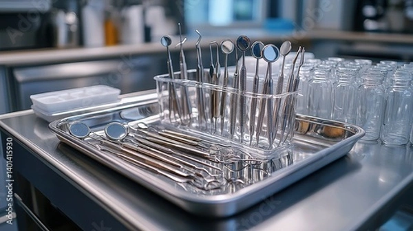 Fototapeta A close-up view of dental instruments arranged on a tray. Various tools are neatly placed in a sterile environment, suitable for dental procedures.