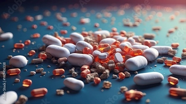 Fototapeta A 3D illustration depicting a large, translucent capsule filled with colorful pills, set against a blurred backdrop of microscopic virus particles and cells