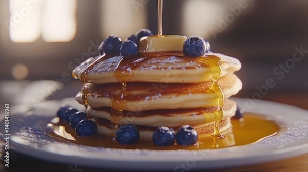 Fototapeta Stack of pancakes with blueberries and syrup being poured on top of it