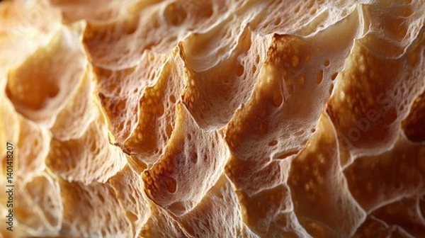 Fototapeta A close up view of a freshly baked bread crust with light and shadows