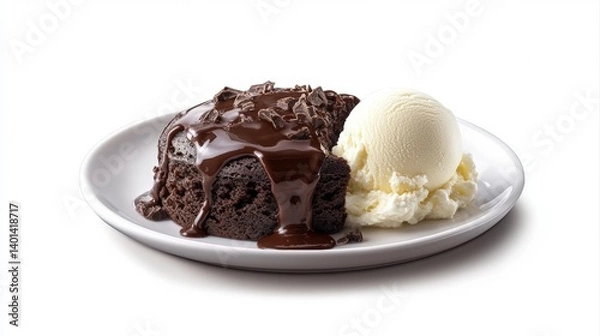 Fototapeta A delicious chocolate brownie with ice cream on a white round plate