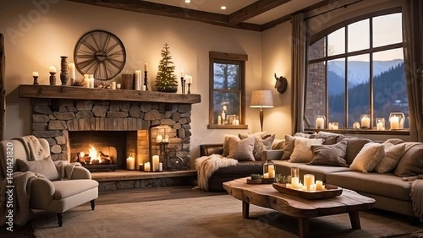Fototapeta A cozy living room featuring a soft beige sofa with orange cushions, draped with a textured blanket