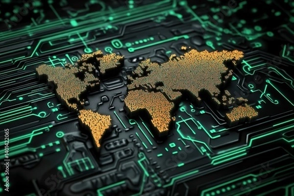 Fototapeta electronic circuit board concept with map of the world
