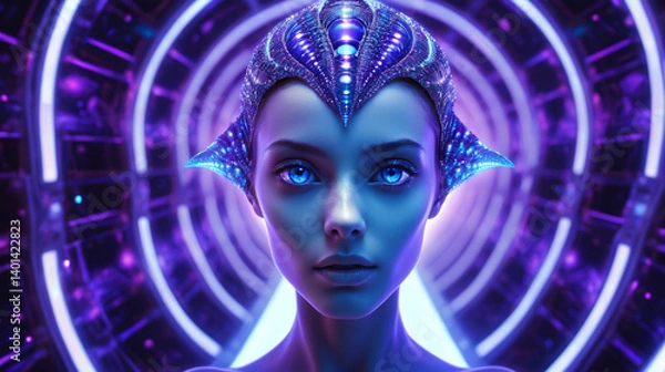 Obraz Futuristic portrait of a young woman with vibrant blue eyes and an elaborate headpiece, set against a glowing purple background.