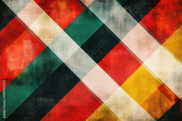 Fototapeta Abstract diagonal plaid with red green and yellow color scheme