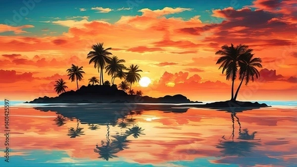 Fototapeta A serene tropical landscape featuring silhouetted palm trees on a small island