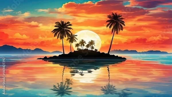 Fototapeta A serene tropical landscape featuring silhouetted palm trees on a small island