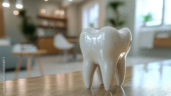 Fototapeta A glossy white tooth sculpture placed on a wooden table in a modern dental clinic setting, showcasing its artistic design in a clean environment.