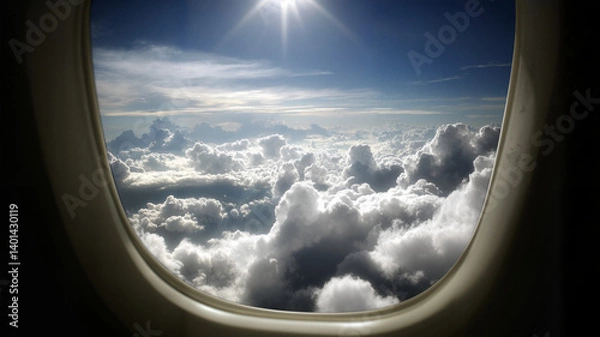 Fototapeta View of Clouds from Airplane Window Under Bright Sunlight  