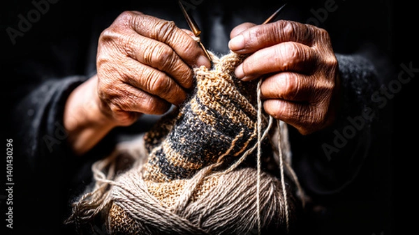 Obraz Skilled hands knitting a warm woolen sock in soft lighting  