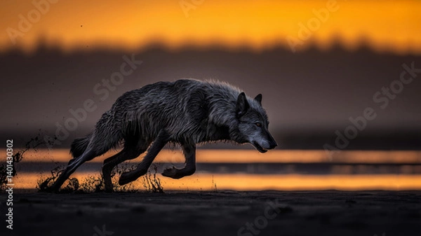 Obraz Wolf running at sunset near a river  