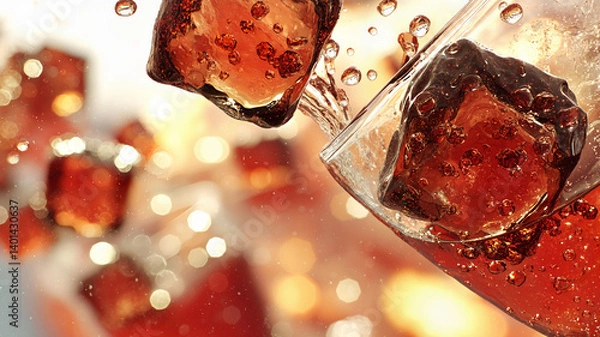Fototapeta Refreshing beverage splash with ice cubes against a bright background  