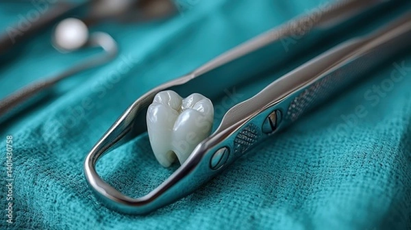 Fototapeta A close-up image of a dental extraction tool holding a single, extracted tooth. The background is a teal-colored cloth, emphasizing the clinical environment.
