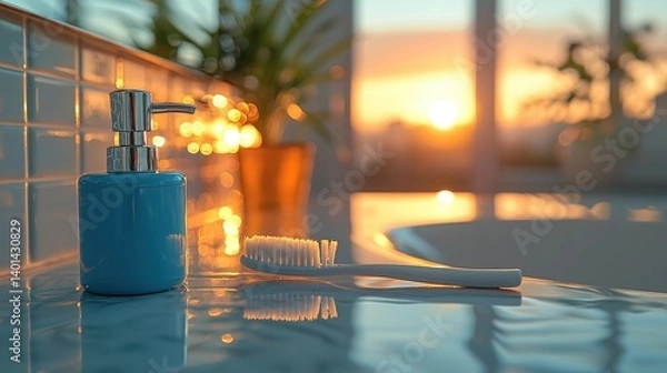Fototapeta A serene bathroom scene featuring a blue soap dispenser and a toothbrush, illuminated by the warm glow of sunset, creating a relaxing atmosphere.