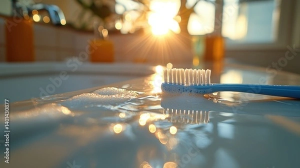 Fototapeta A toothbrush is placed on a gleaming counter with bubbles, illuminated by a warm sunrise. The soft light creates a serene atmosphere.