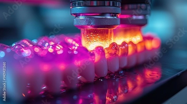 Fototapeta A close-up image showcasing vibrant pink and orange liquid seen through glass tubes and a series of white dental molds. The scene conveys a clinical yet creative atmosphere.