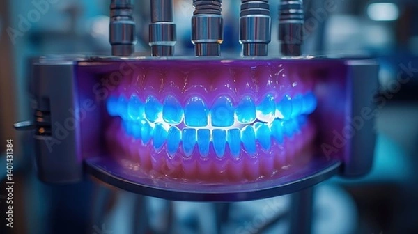 Fototapeta A high-definition image of a dental device showcasing a set of illuminated teeth in vibrant colors, highlighting dental technology.