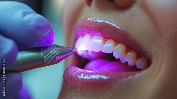 Fototapeta A close-up photography of a person's mouth undergoing a dental procedure with bright dental tools and illuminated teeth. The person appears to be of Asian descent.