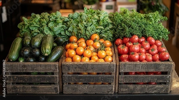 Fototapeta A colorful array of fresh vegetables displayed in wooden crates, featuring green zucchinis, bright orange tomatoes, and red tomatoes, highlighting healthy eating.