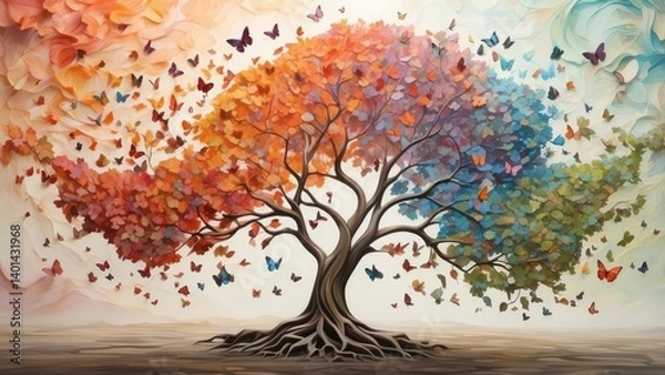 Fototapeta A vibrant, surreal tree with multicolored foliage transitions from orange to green, surrounded by swirling butterflies of various colors