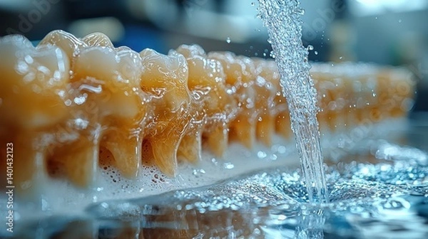 Fototapeta This image showcases a close-up view of water flowing over a row of ice cream scoops, creating a refreshing scene. Droplets and splashes add vibrancy.